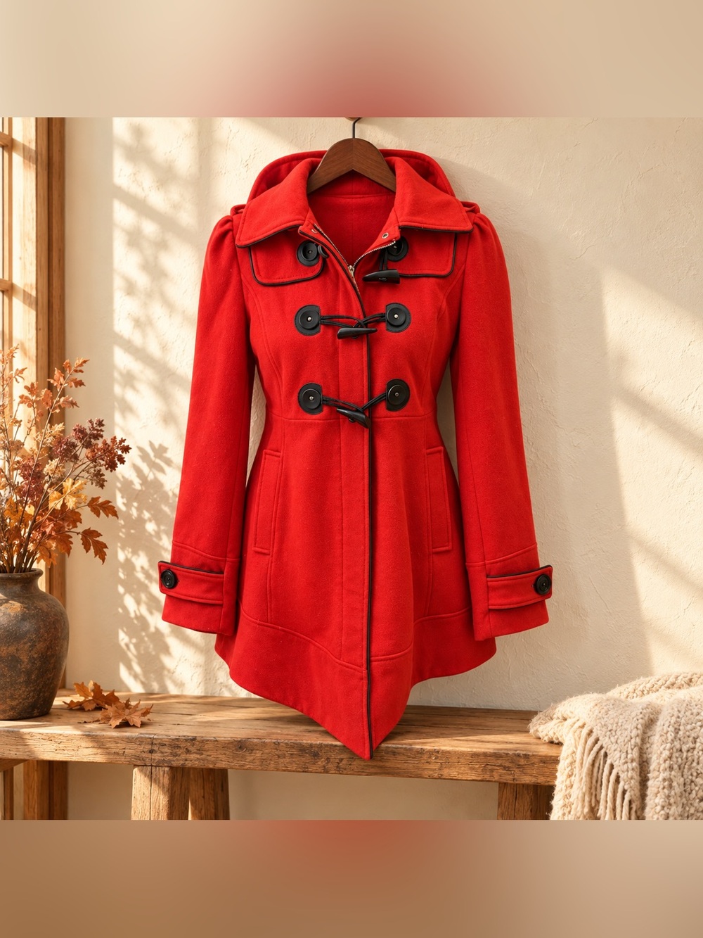 GUESS Red Wool Blend Hooded Toggle Coat Size S